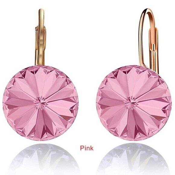 Kristy's Jewels Jewelry - 18K Yellow Gold Plated Pink Zircon Crystal Drop Hoop Earrings Gorgeous Gift